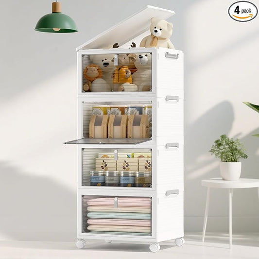 Storage Bins with Lids, 4 Tier Stackable Storage Bins with Drawers, 4 Pack by WelcometoCOLLEFUN