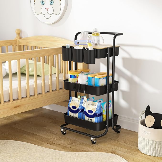 3 Tier Rolling Cart with Metal Handle, Table Top, Hanging Cups, Plastic Storage - Image 6