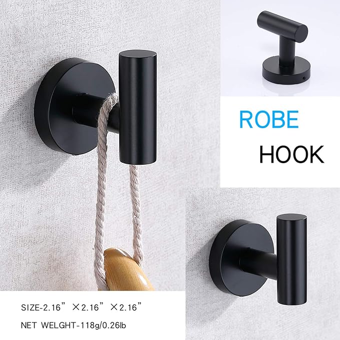 TASTOS Matte Black Bathroom Towel Coat Hook Stainless Steel, 2 Pack Robe - Image 2