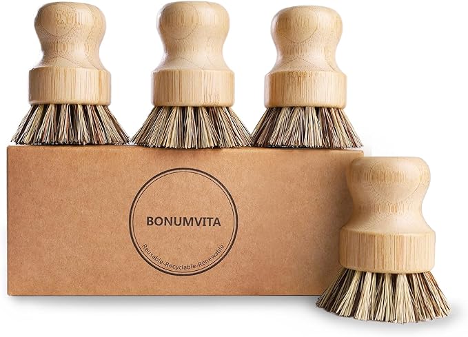 Bamboo Dish Brush Set, 4 Pack Kitchen Palm Pot Brush by BONUMVITA