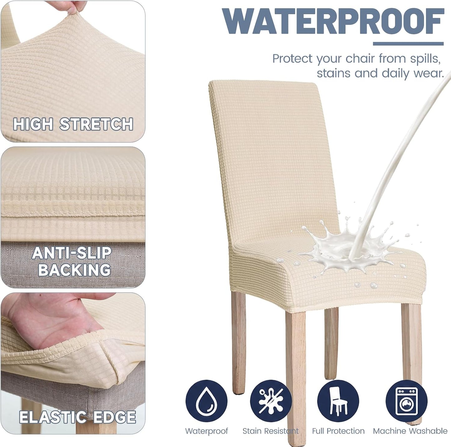 Waterproof Dining Chair Covers, Heavyweight Stretch Jacquard Chair Slipcovers Removable and Washable Chair Covers Seat Parson Chair Slipcover for Dining Room and Kitchen (Beige, Set of 4)