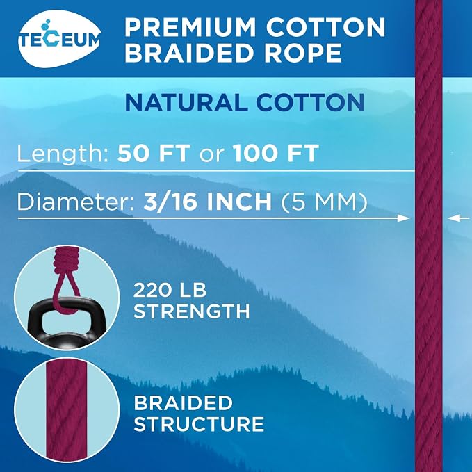 TECEUM Cotton Rope 3/16” – 100 FT – Strong All-Purpose Braided Rope – Natural - Image 2