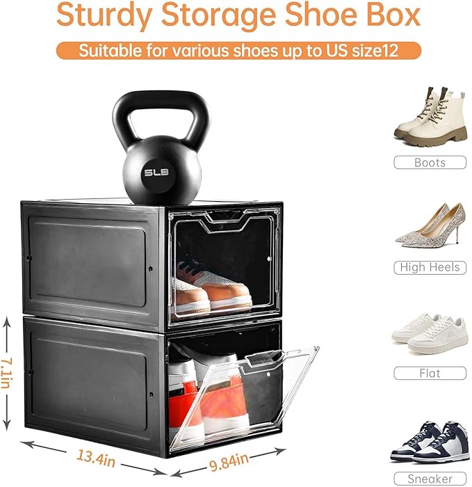 12 Pack Shoe Boxes Organizer, Magnetic Door Shoe Storage Boxes, Fit up to US - Image 3