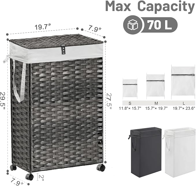 70L Slim Laundry Hamper with Lid & Wheels, 2-Park Rolling Laundry Basket with 4 - Image 4