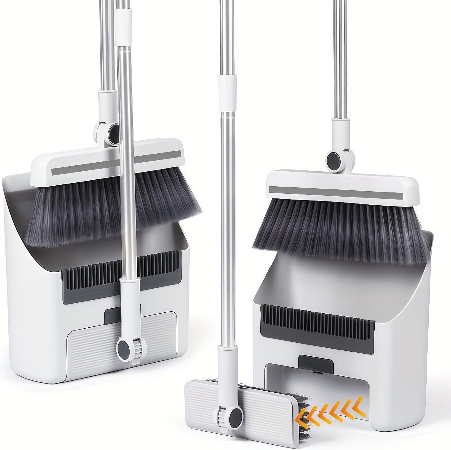 3in1 Broom and Dustpan Combo with Cleaning Teeth, Adjustable Long Handle, 180° Rotating Broom,Ideal for Pet Hair, Indoor Outdoor Heavy Duty Floor Sweeping (White)