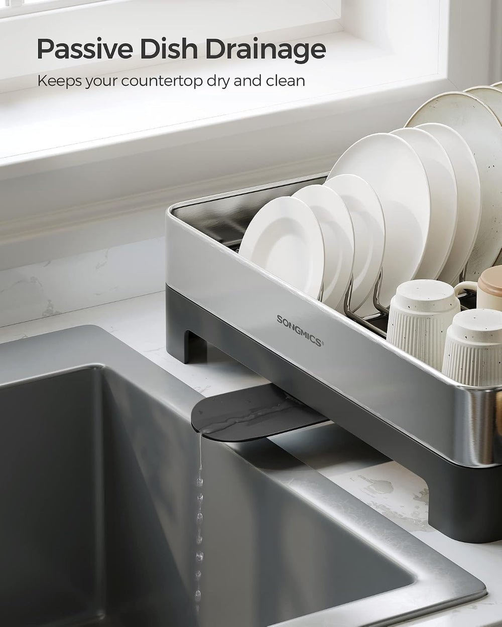 SONGMICS Dish Drying Rack, Stainless Steel, Extendable Spout