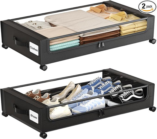 Under Bed Storage with Wheels, XXL 60L Under Bed Storage Containers with Clear by Gofujuco