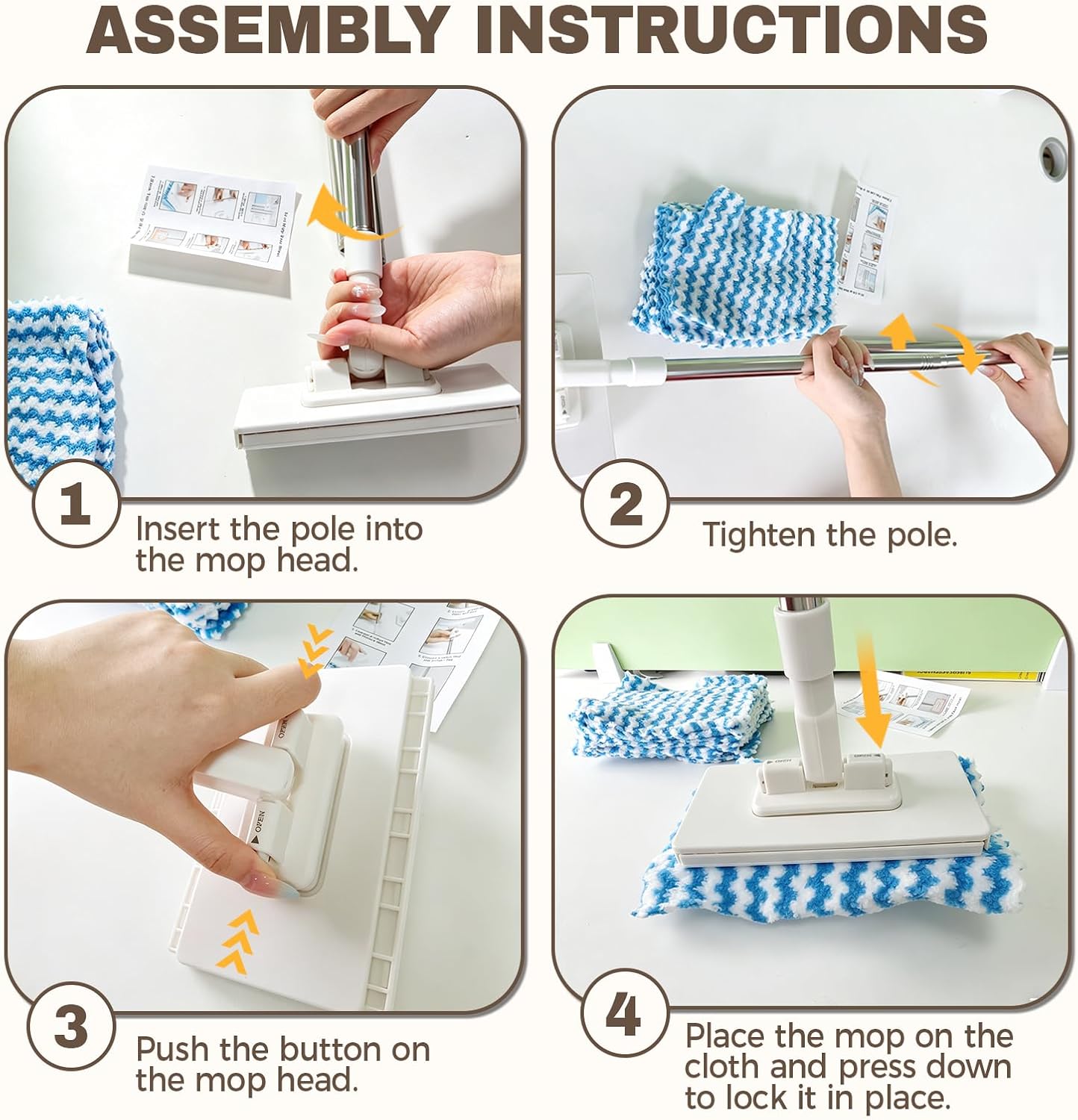 Snap Grip Mini Mop, Zero Touch Gap Dust Cleaner & Locking Head, Cloth Changing Mini Mop, for Kitchen Bathroom Toilet Corners Window Wall Cleaning(10 Reusable Cloths)