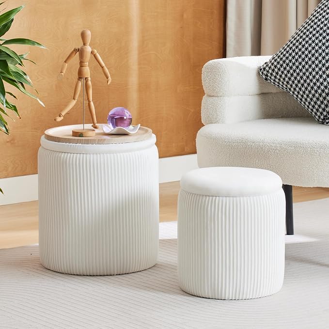 Round Ottoman with Storage Set of 2-Upholstered Velvet Vanity Stool - Image 6