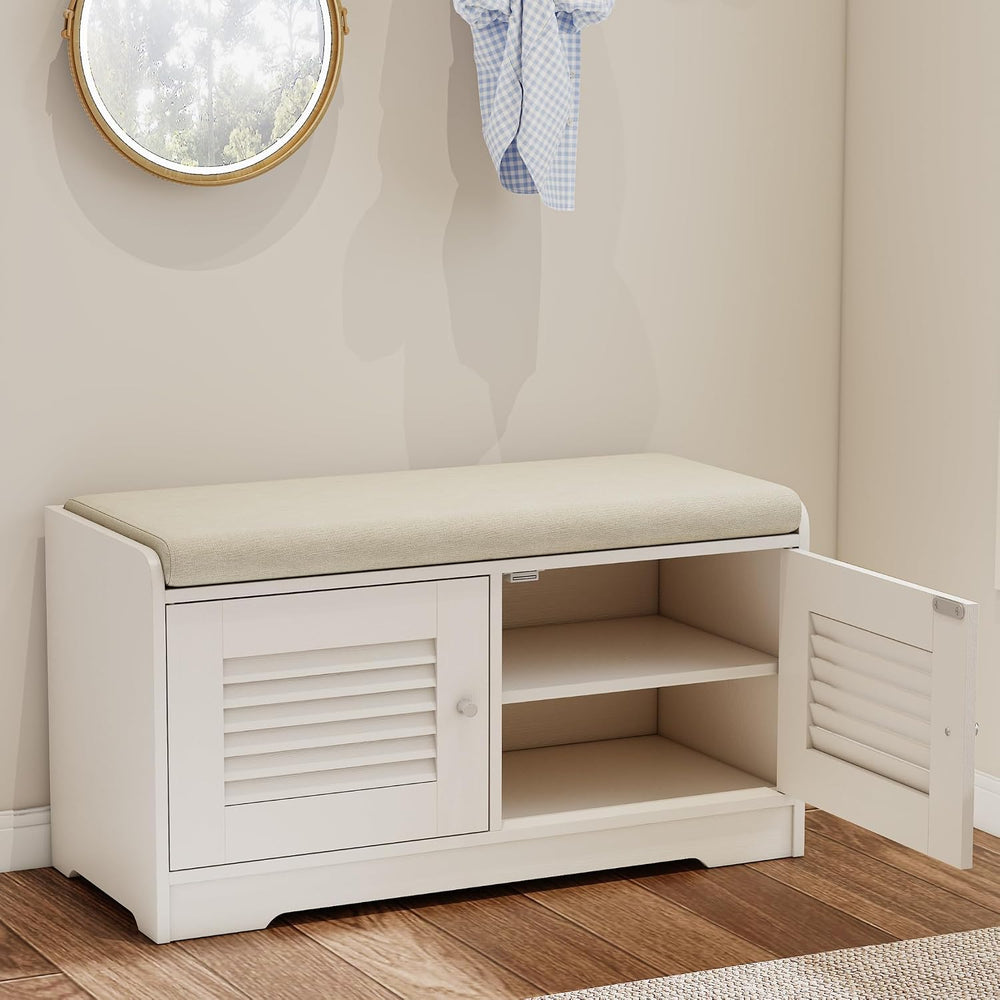 SOFTSEA Shoe Storage Bench with Cushion, 28.7" Entryway Bench with 2 Doo...