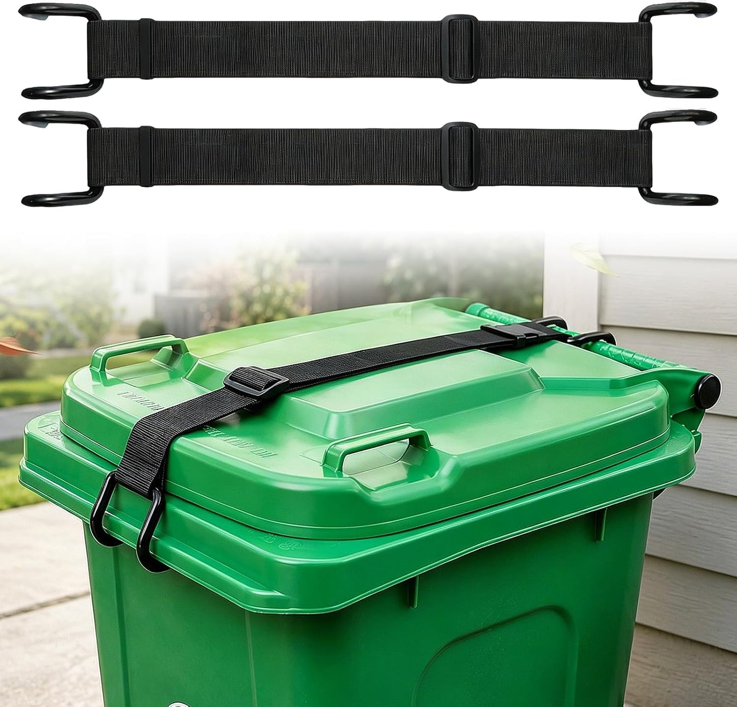 2 Pack Metal Trash Can Lid Locks, Non-Slip Double Claw Garbage Can Locks, Adjustable Animal-Resistant Windproof Straps for 28-96 Gallon Outdoor Bins