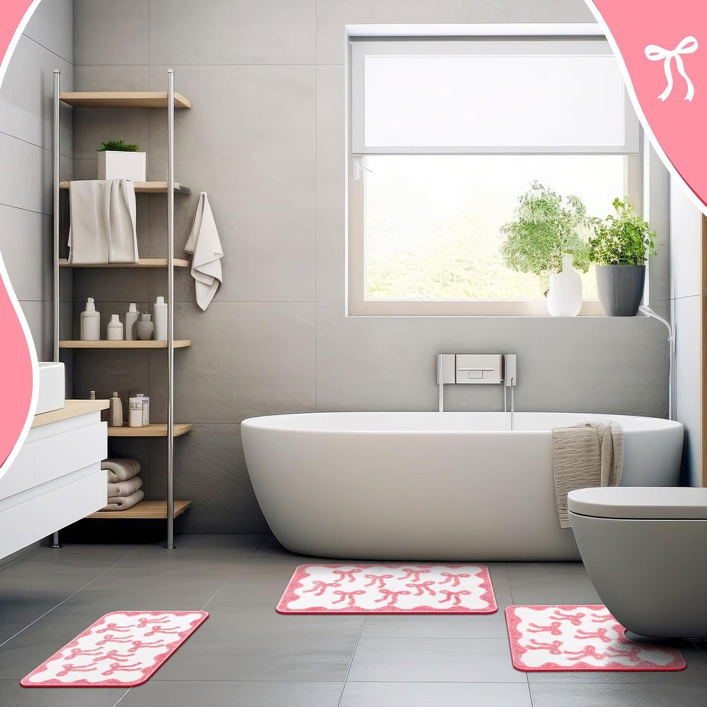 Nuanchu 3 Pcs Pink Bow Bathroom Rugs Set, Cute Bow Bath Mat Soft Non Slip Absorbent Coquette Bathroom Decor, Washable Bath Mat, U Shaped Toilet Rug for Bedroom, Living Home 31.5x20/ 24x22/ 24x17 Inch