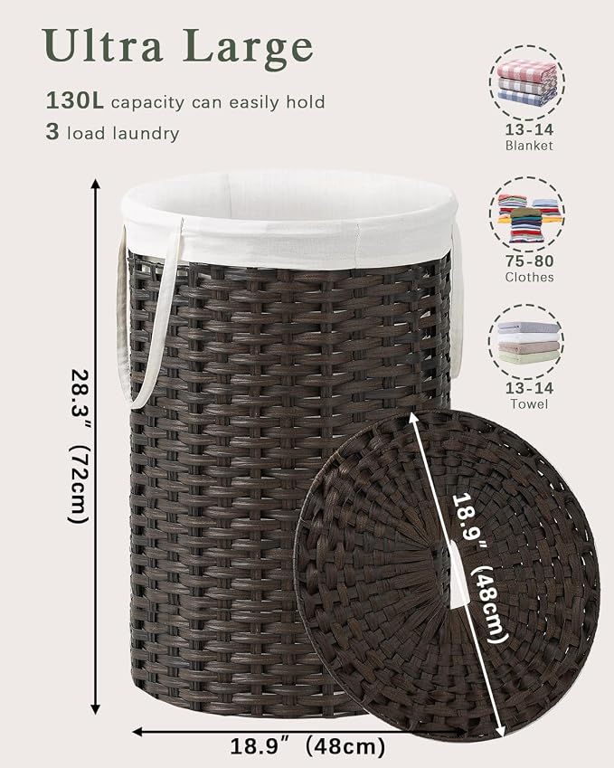 Large Laundry Hamper Laundry Basket Round 34.3 Gal Handwoven Wicker Laundry - Image 4