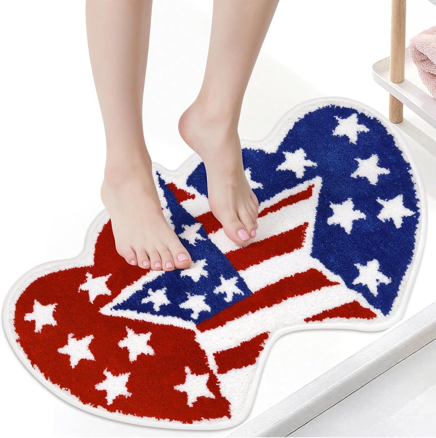 Independence Day Bathroom Rug 35x20 Inch,American Flag Stars Bath Mat with Blue Red Hearts Design, 4th of July Non-Slip Absorbent Bath Rug for Patriotic Bathroom Decor