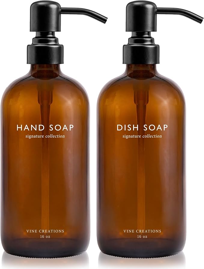 Vine Creations Amber Glass Soap Dispenser Set, Dish Soap and Hand Soap by VineCreations