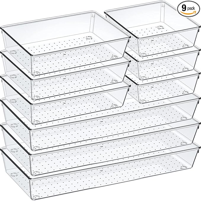 9 Pack Clear Plastic Drawer Organizer Set, Acrylic Non Slip Non Cracking by Criusia