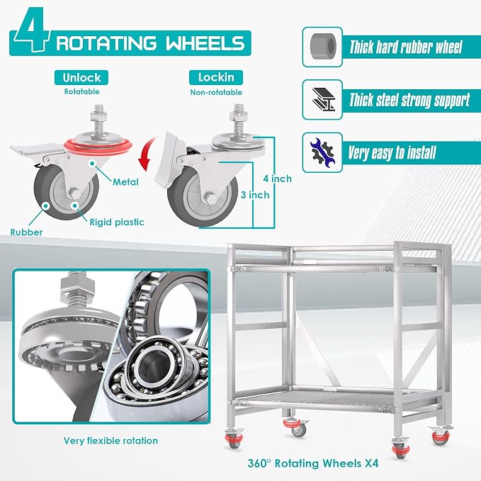 2 Shelf Rolling Cart with Wheels, 660lbs Capacity Collapsible Steel Rolling - Image 3