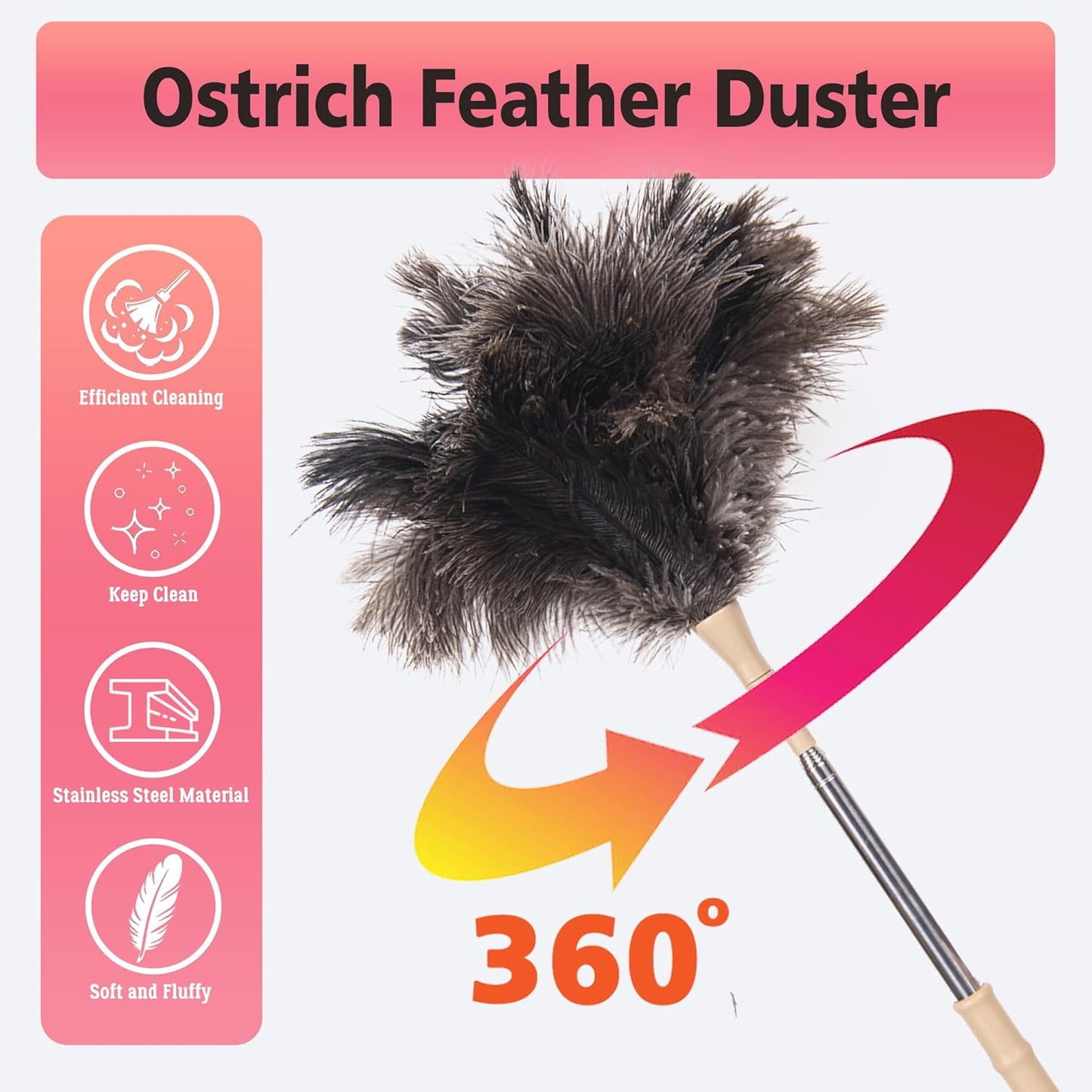 Extendable Ostrich Feather Duster, Natural Ostrich Feathers Long Handle Duster for Cleaning, 47” Soft & Fluffy Feather Duster for High Ceilings, Fans, Walls, Furniture, Home Dusting