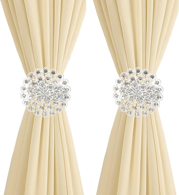 2 Pack Crystal Flower Curtain Tiebacks – Decorative Spring Wire Buckle Clips by Aimery
