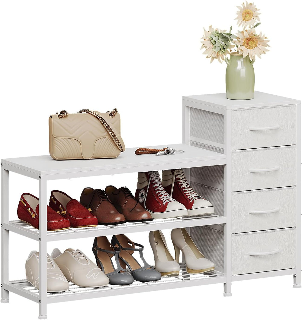 EXOTICA Industrial Shoe Storage Bench with 4 Drawers & Seat, White