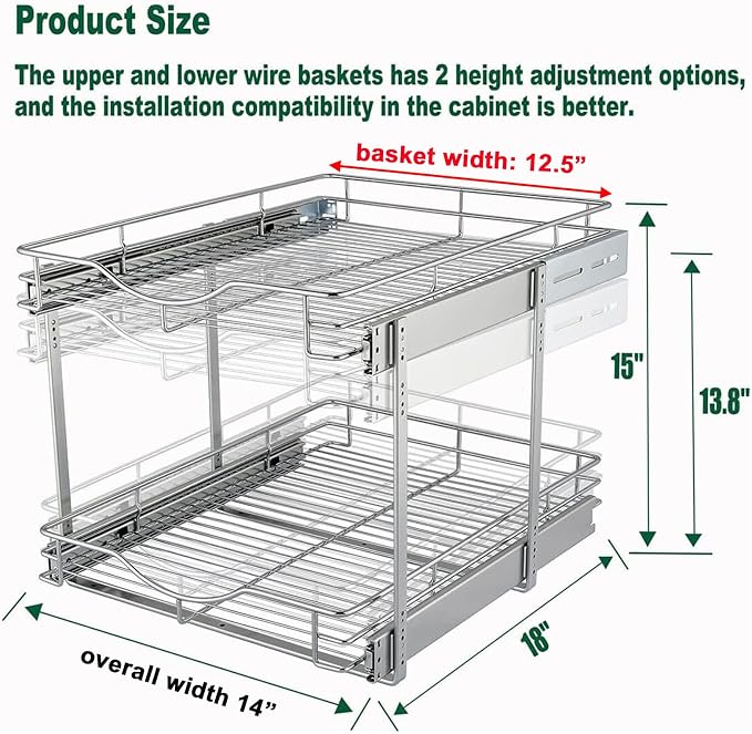 DINDON 2 Tier Pull Out Cabinet Organizer, Double Tier Wire Basket Slide Out - Image 2
