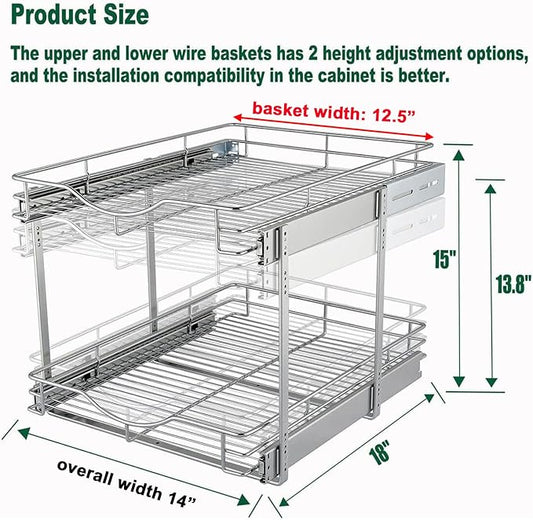 DINDON 2 Tier Pull Out Cabinet Organizer, Double Tier Wire Basket Slide Out - Image 2
