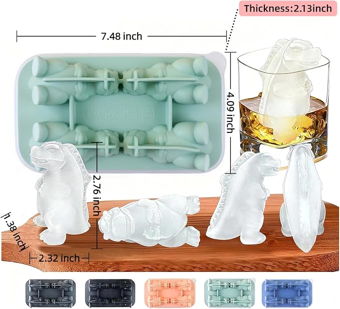 7.48inch Newly Upgraded 4-grid 3D Dinosaur Ice Tray and Covered Silicone Ice - Image 2