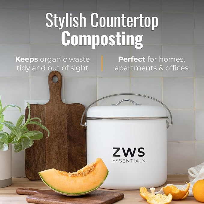 White Stainless Steel Compost Bin | 6.5L Odor-Free Kitchen Countertop Food - Image 3