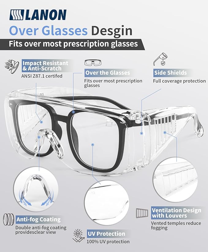 LANON 3 Pack Safety Glasses Over Eyeglasses, ANSI Z87.1 Standard, Anti-Fog & - Image 2