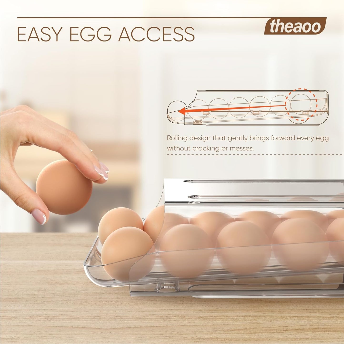 theaoo Egg Holder for Fridge, Automatic Rolling Egg Container, Clear, 3Pack | Quick Removable Inner Tray For Easy Egg Loading. Stackable Egg Dispenser For Refrigerator Storage And Organization