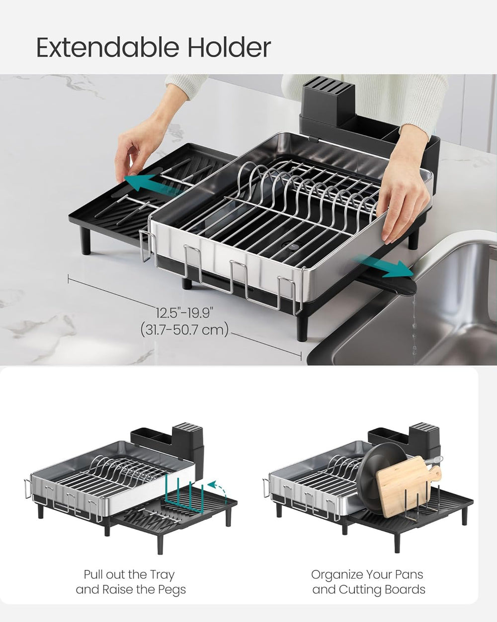 SONGMICS Dish Drying Rack, Expandable Stainless Steel, with Rotatable Spout