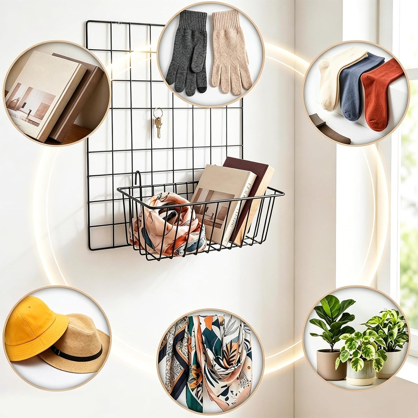 10 PCS Wire Baskets Wall Grid Panel Hanging Wire Basket Hanging Wall Baskets No Drilling Wall Hanging Baskets Grid Wall Storage Basket for Kitchen Bathroom Home Decor Supplies Large