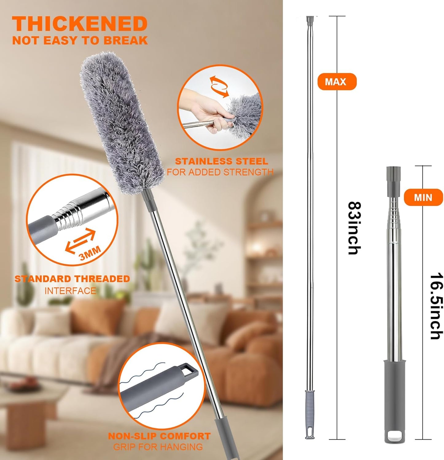 Duster with Extension Pole | Washable Cleaning Duster Kit with DusterHeads | Cobweb Duster | Corner Brush | Telescoping Pole for Ceiling Fan,Walls,Cobweb | Long Handle Feather Dusters (5 Piece Set)