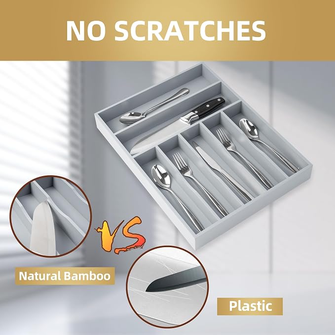 Silverware Organizer 13 Inch Gray Bamboo Kitchen Drawer Organizer 7 Slots - Image 3