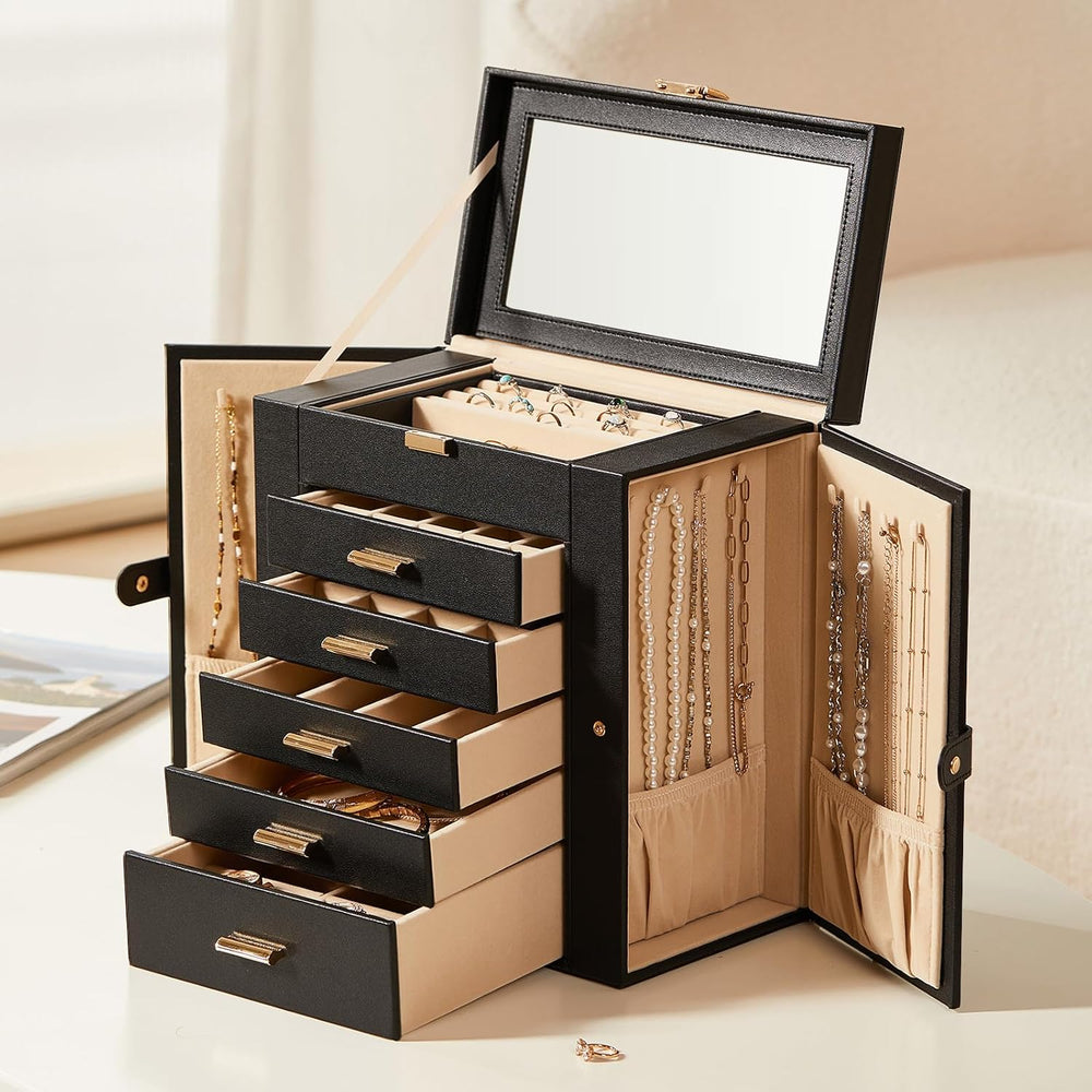 Large Leather Jewelry Box for Women, Mirror, 6 layer, Black