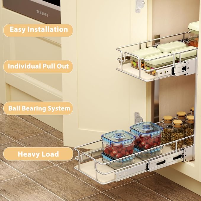 ROOMTEC 2 Tier Individual Pull Out Cabinet Organizer 5½"W x 21½"D, Slide Out - Image 5