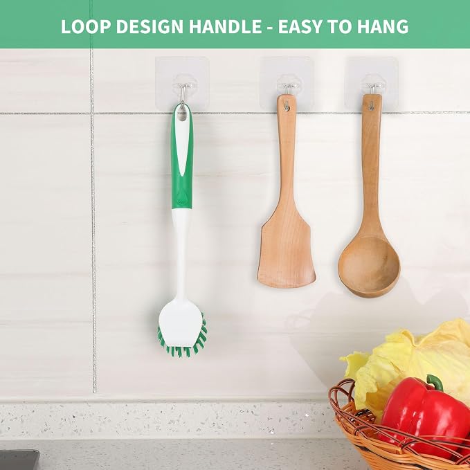 Dish Brush with Handle, 2 Pack Scrub Brushes with Built-in Scraper - Image 6