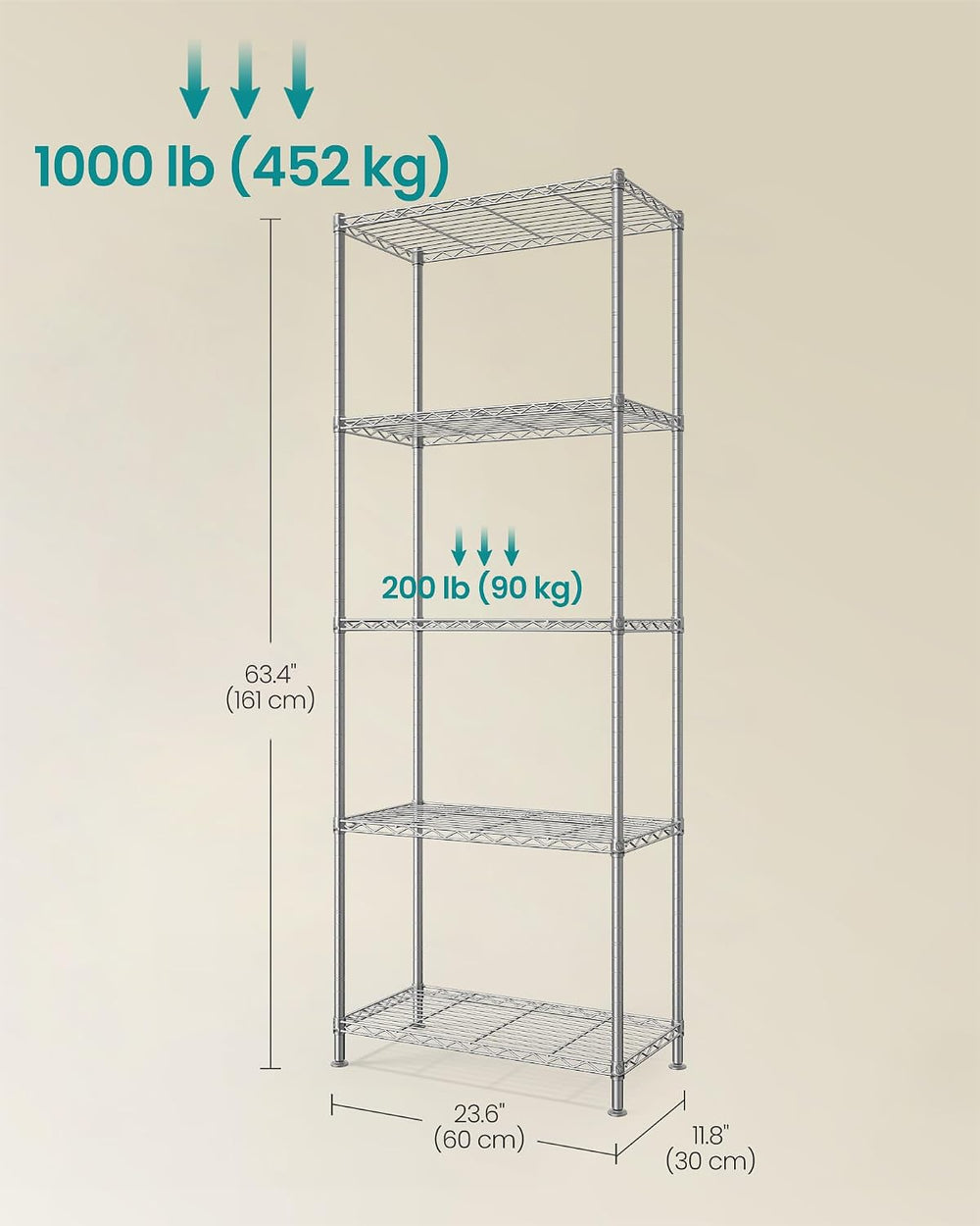 SONGMICS 5-Tier Storage Shelves, Adjustable Wire Shelving Unit, 8 Hooks