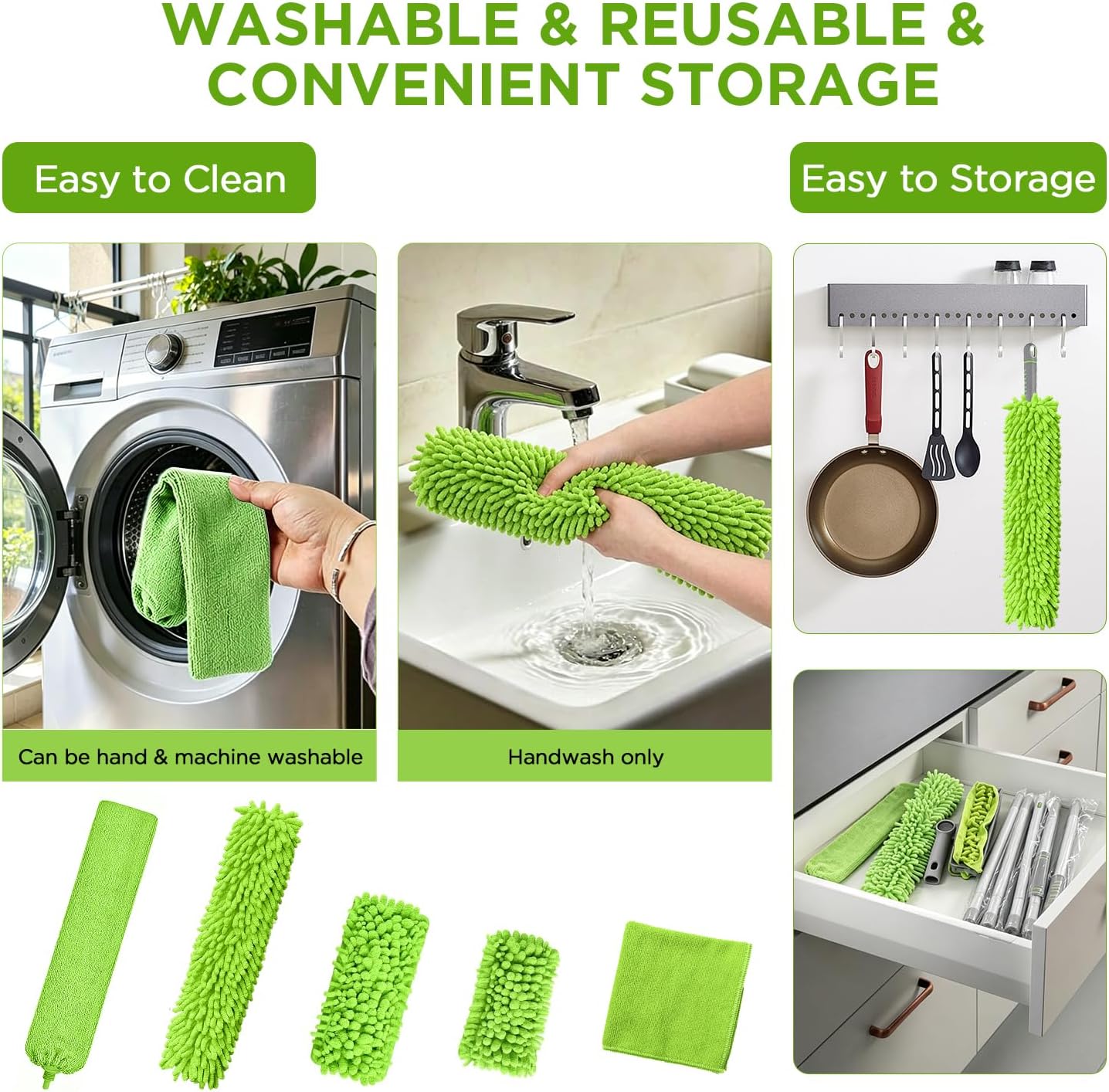 Cleaning Set, Equipped with a 72 inch extendable Handle, Reusable Crevice Brush, Chenille dust Collector, Cleaning Cloth, 2 Replacement Fan Brush Cloths Suitable for, Fans, Furniture, etc