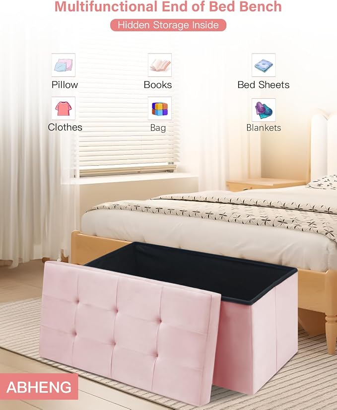 Folding Storage Ottoman, Velvet Storage Bench, Removable Divider, - Image 5