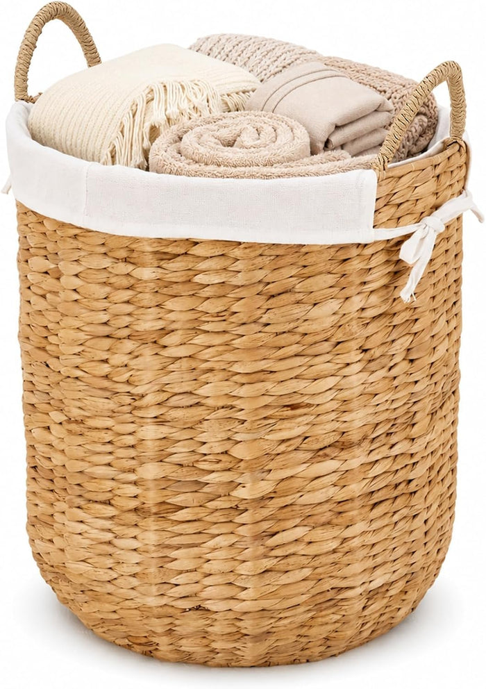 Round Woven Laundry Basket with Removable Liner, Handwoven Water Hyacinth Clothes Hamper Basket with Handles