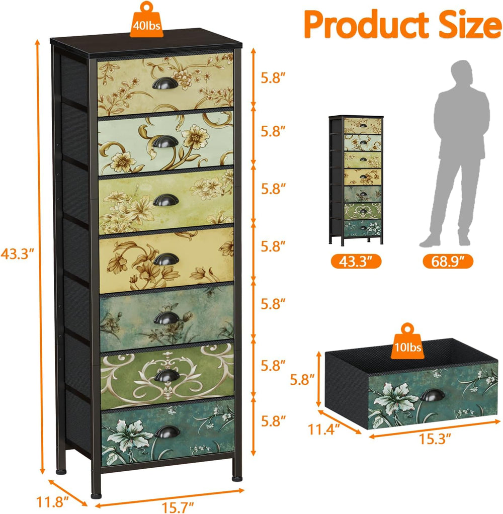 Furnulem 7 Drawer Tall Dresser for Bedroom, Vintage Fabric Chest of Drawers