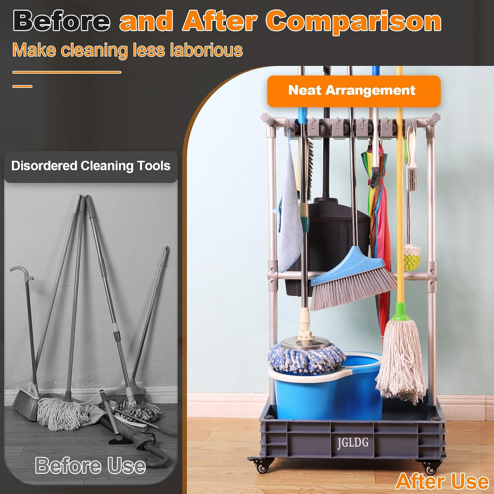 Mobile Mop and Broom Holder，Efficient Storage Solution for Cleaning Tools Kee...