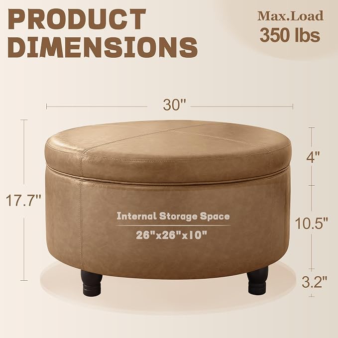 30-Inch Round Storage Ottoman, Modern Ottoman Coffee Table - Image 2