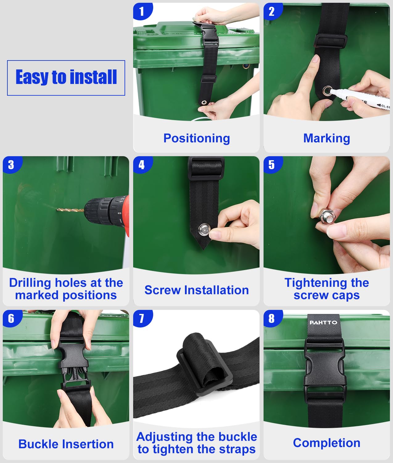 PAHTTO Trash Can Locks for Animals, Universal Garbage Can Lock, Nylon Bear Proof Trash Bin Lid Lock, Adjustable and Easy to Install, Heavy-Duty Garbage Can Strap for Outdoor Trash Can