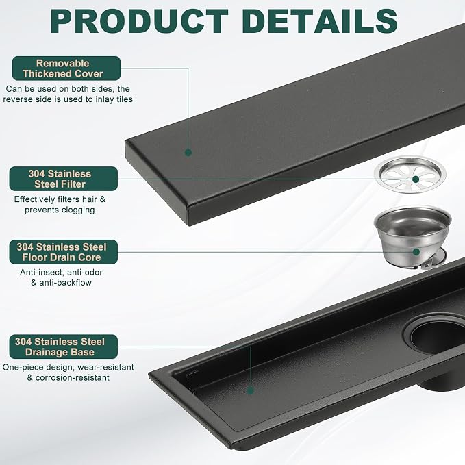 uxcell Rectangular Shower Drain, Brushed 304 Stainless Steel Odor-Proof Floor - Image 3