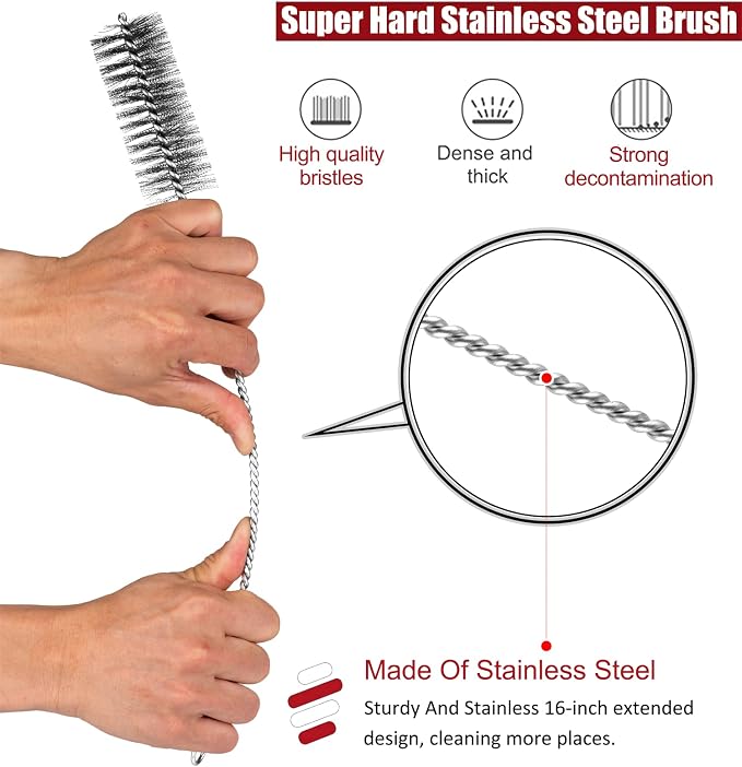 16 Inch Extra Long Pipe Cleaning Brush Set Stainless Steel Bristles, Stainless - Image 3