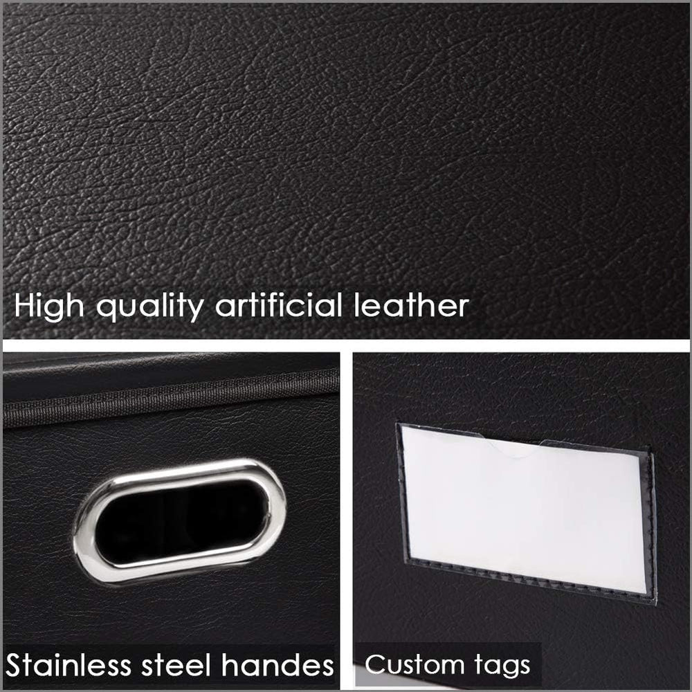PRANDOM Large Foldable Storage Bins with Lids [3-Pack] Leather Fabric Collaps...