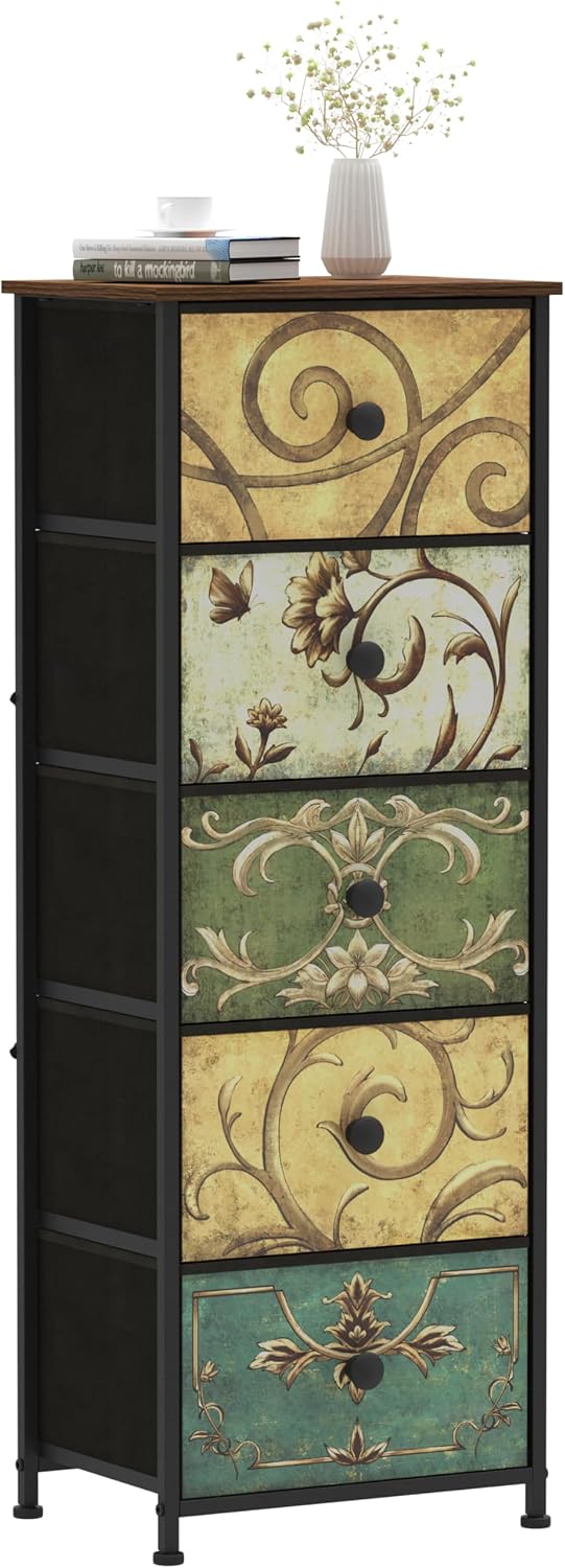 Tohomeor Small Dresser for Bedroom with Retro Flower Narrow Drawers Slim Ches...