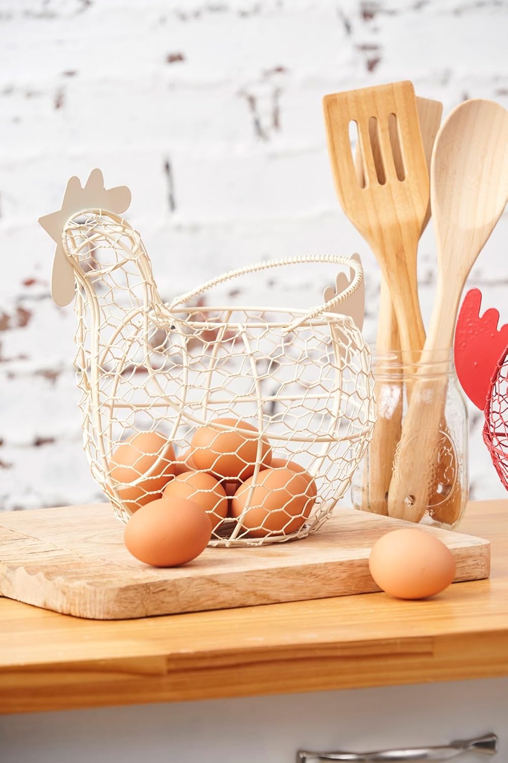 Tag 11.5 Antique White Farmhouse Rustic Vintage Chicken Wire Egg Basket With Handle For Egg Holder Fruit And Kitchen Living Room Home Rooster Decor Decoration Collecting And Countertop Storing Eggs